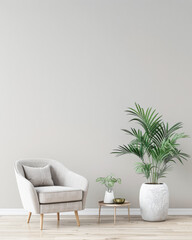Modern boho interiors in neutral color with minimal furniture decor, copy space and natural lighting. Residential contemporary space for Real Estate advertising.