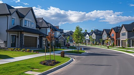 Fototapeta premium A row of houses are lined up on a street with a dirt road in between. The houses are all different sizes and styles, but they all have a similar appearance