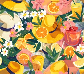 Fototapeta premium Vibrant Summer Pattern of Colorful Sun Hats and Refreshing Lemonade Drinks in Lush Garden Oasis