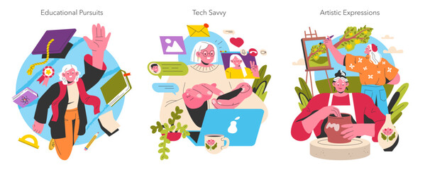 Empowering Older Women. Flat Vector Illustration