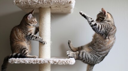 Two cats playfully swat at each other from different levels of a cat condo, their playful rivalry creating a humorous scene 