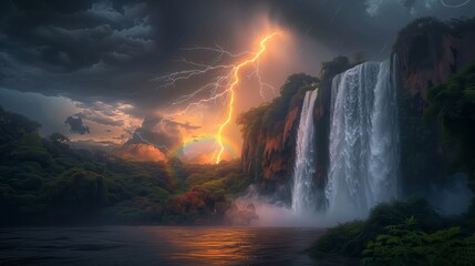 Majestic waterfall, cascading over rocky cliffs, surrounded by lush greenery, vibrant rainbow, mist rising, dramatic lightning storm overhead, thunder echoing, dark storm clouds, f