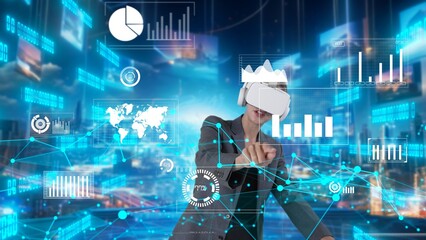 Woman reporter explaining dynamic market data calculated analysis pointing big data business by VR innovation interface digital infographic network technology visual hologram animation. Contraption.