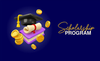 Scholarship vector 3d web banner. Student loan illustration. Investment in education and knowledge poster template. Financial and accounting course advertisement concept