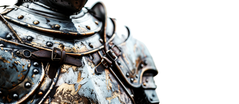 Closeup of Ancient Medieval times chest armor for saftey in war isolated on transparent background with copyspace 