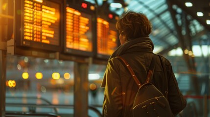 Obraz premium Jetsetter's Journey Traveler in Coat and Handbag Gazes at Flight Board Reflecting Anticipation and Adventure