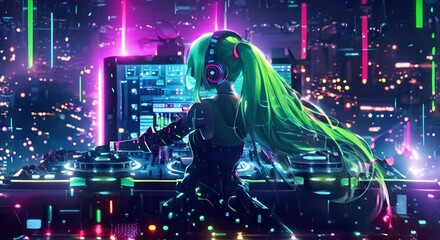 DJ girl with green hair, playing on a party. Experience the electrifying energy of a DJ girl with striking green hair in this vibrant video.