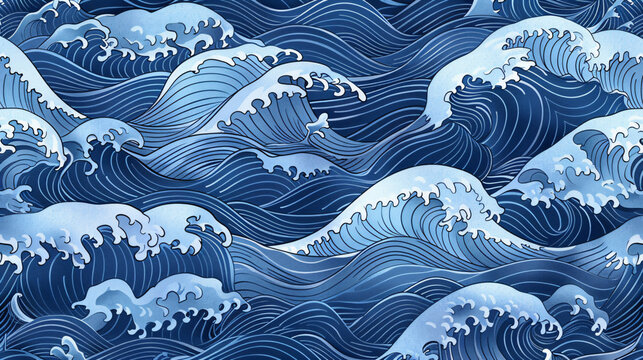 seamless pattern of ocean waves in the style of traditional Japanese art, vector illustration, hand drawn, flat design, blue and white colors, high resolution, highly detailed, high definition