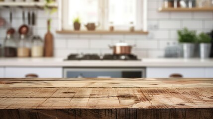 Empty wooden board with blur kitchen background