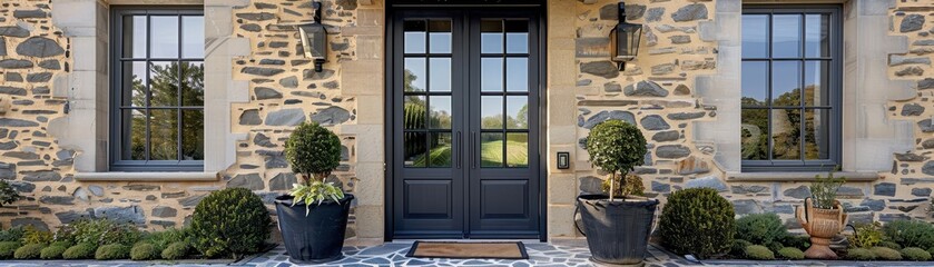 A large black door with two lights on top of it. The door is made of wood and has a black trim. There are two potted plants on either side of the door, one on the left and one on the right