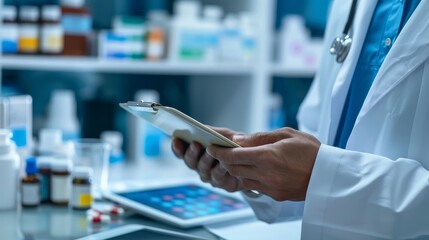 Expertise Unveiled Pharmacist's Badge and Medical Database Consultation