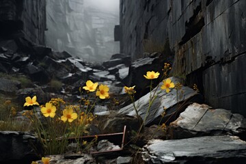 Fototapeta premium Weeds and Wonders Black, Yellow, and Rust in a Misty Landscape.jpeg
