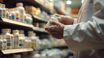 Precision in Practice Pharmacist Filling Prescription Bottle with Care Shelves of Medicine in Soft Focus
