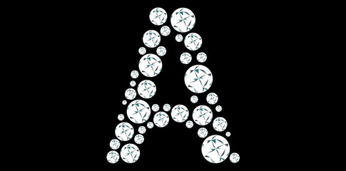 Silver Rhinestone Diamonds Alphabet Letter A Luxury Text Design Vector Illustration, Capital Diamonds Letter A On Black Background.	