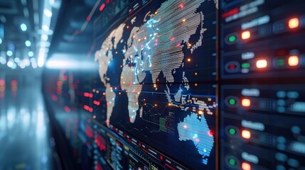 Obraz premium Futuristic digital display showcasing global network data visualization in a modern control room with vibrant lights and high-tech interface.