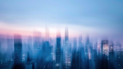 Abstract blur of a city skyline at dusk, dominated by gray-blue hues of skyscrapers against a fading sky