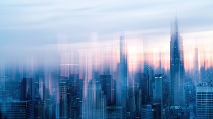 Abstract blur of a city skyline at dusk, dominated by gray-blue hues of skyscrapers against a fading sky