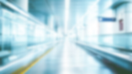 Fototapeta premium Soft-blur of an airport terminal corridor, devoid of passengers, with directional signage and moving walkways