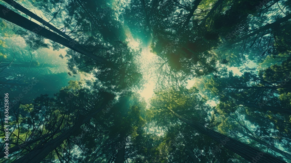 Poster background image of sunlight filtering through a dense green forest, highlighting the tranquility an