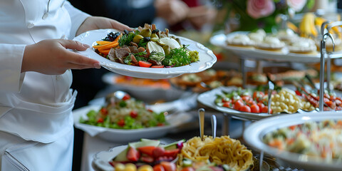Obraz premium Catering Staff Serving Fresh Food From Buffet Table