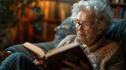 Elderly woman reading a book, content, soft natural light, professional photography, ample copy space