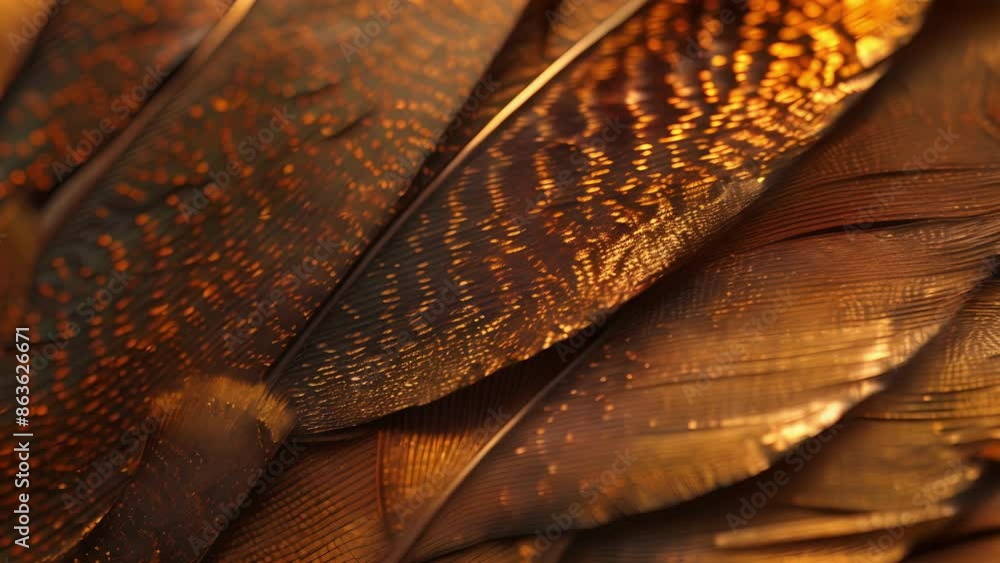 Poster glimpses of metallic gold and brown in the fine details of a pheasant feather with smooth and sleek 