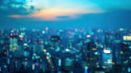 A blurred background of a cityscape at twilight with buildings illuminated in blue and teal lights, capturing urban vibrancy