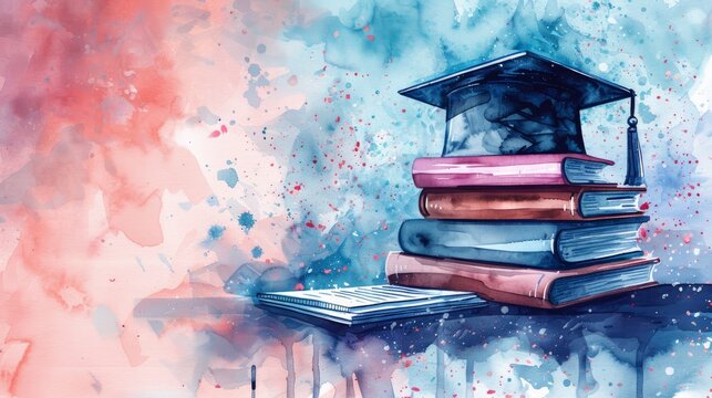 A graduation cap sits atop a stack of books against a watercolor background, symbolizing knowledge and achievement.