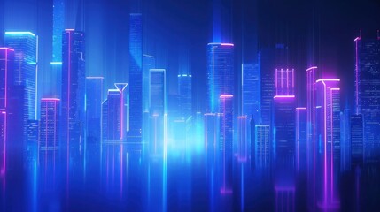 An abstract background of a futuristic cityscape with neon lights and a gradient of blue tones