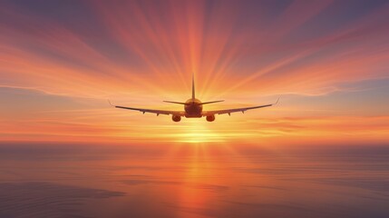 Majestic Sunset Takeoff of Commercial Jet on Oceanic Island Runway