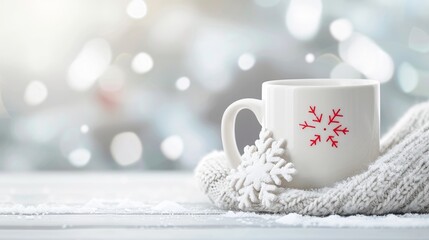 Fototapeta premium White Mug with Red Snowflake Design Resting on Yarn Blanket Amidst Blurred Cityscape