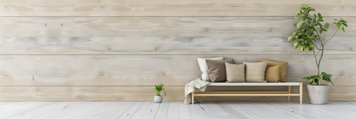 Obraz premium Modern rustic interiors in neutral color with minimal furniture decor, copy space and natural lighting. Residential contemporary space for Real Estate advertising.