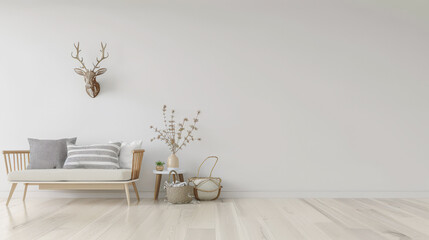 Modern rustic interiors in neutral color with minimal furniture decor, copy space and natural lighting. Residential contemporary space for Real Estate advertising.