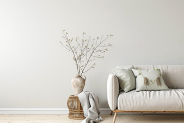 Modern rustic interiors in neutral color with minimal furniture decor, copy space and natural lighting. Residential contemporary space for Real Estate advertising.