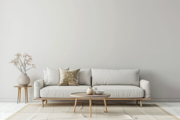 Modern rustic interiors in neutral color with minimal furniture decor, copy space and natural lighting. Residential contemporary space for Real Estate advertising.