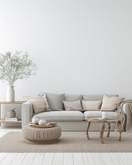 Modern rustic interiors in neutral color with minimal furniture decor, copy space and natural lighting. Residential contemporary space for Real Estate advertising.