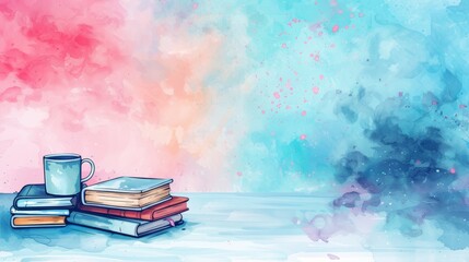 A stack of books and a mug against a soft watercolor background of pink and blue.