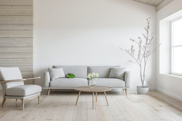 Modern rustic interiors in neutral color with minimal furniture decor, copy space and natural lighting. Residential contemporary space for Real Estate advertising.