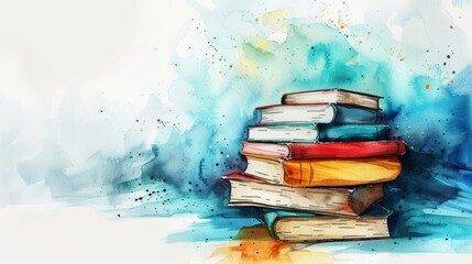 A stack of colorful books against a blue watercolor background.  The books are a symbol of knowledge and learning.