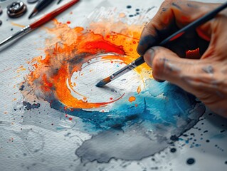 Watercolor image of a hand painting a logo on a canvas, emphasizing the art of branding and identity creation