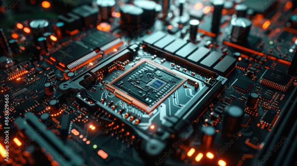 Poster a computer chip with red lights. concept of technology and innovation
