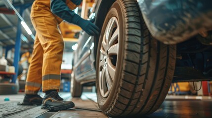Fototapeta premium A mechanic in yellow overalls works on a car tire in a garage.
