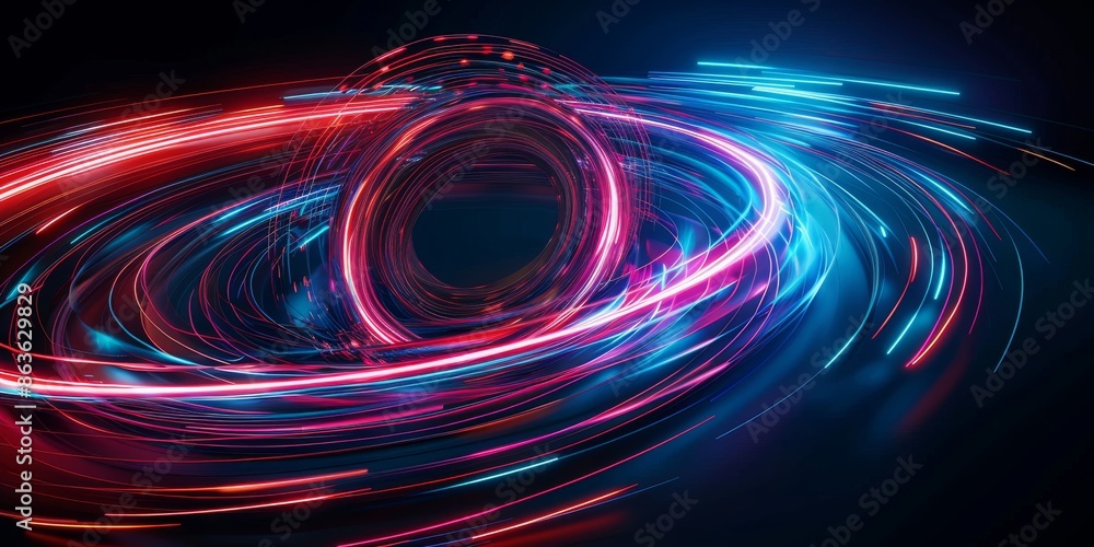 Poster engaging visual composition featuring vibrant red and blue colors in a dynamic circular motion