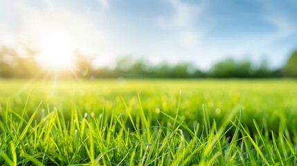 Fototapeta premium Serene Grassy Field Bathed in Sunlight Captured from Ground Level