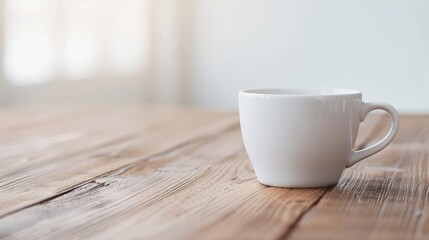 White Coffee Cup on Wooden Table with Sunlit Background