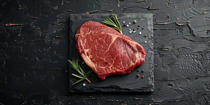 UHD 4K image with sharp focus capturing a raw steak on a slate plate against a textured dark background, emphasizing the freshness and premium quality of the meat
