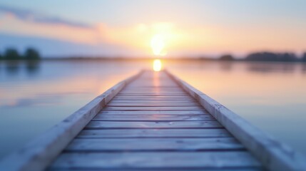 Fototapeta premium Serene Wooden Walkway Over Sunset Lake