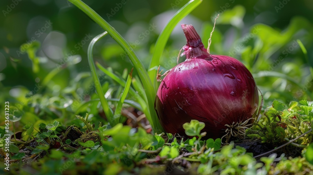 Poster A diminutive red onion lying in the greenery