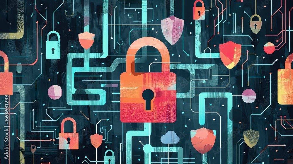 Poster online security: a digital padlock surrounded by cybersecurity symbols like shields and encrypted da