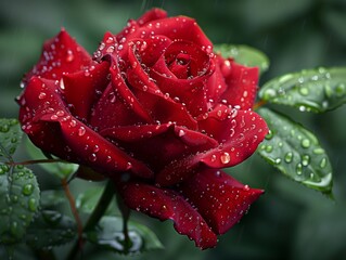 Raindrops cling to the delicate petals of a rose, each droplet reflecting the vibrant red of the flower and the surrounding greenery. The smooth, velvety texture of the petals cont